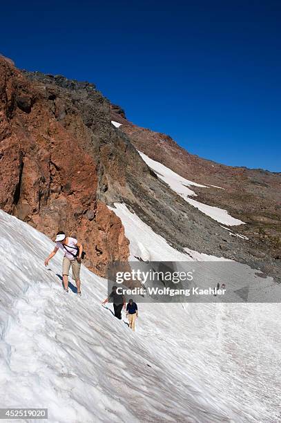 Washington State, Mt. Rainier National Park, Skyline Trail, Hikers On Snowfield.