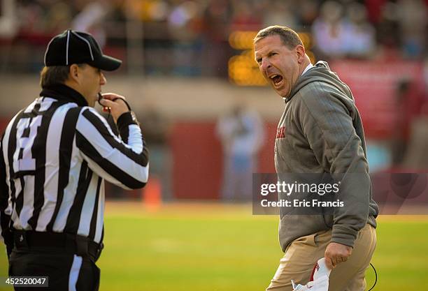 Nebraska Cornhuskers head coach Bo Pelini reacts to a call during their game at against the Iowa HawkeyesMemorial stadium on November 29, 2013 in...