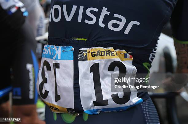 John Gadret of France and the Movistar Team wears his unlucky number 13 upsidedown on his jersey during the fourteenth stage of the 2014 Tour de...