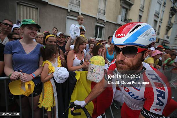 Luca Paolini of Italy and Team Katusha arrives at sign in for the fourteenth stage of the 2014 Tour de France, a 177km stage between Grenoble and...