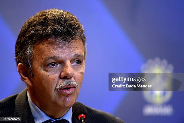 Technical director Gilmar Rinaldi attends a press conference to announce Carlos Dunga as the new coach of the Brazilian national football team at the...