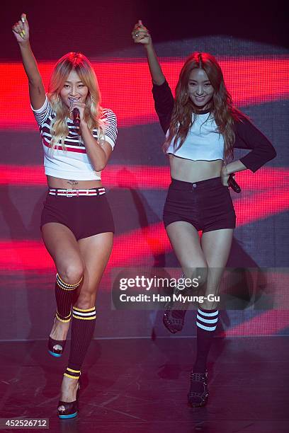 Hyolyn and Bora of South Korean girl group SISTAR perform onstage during their new album 'Touch and Move' showcase at Ilchi Art Hall on July 21, 2014...