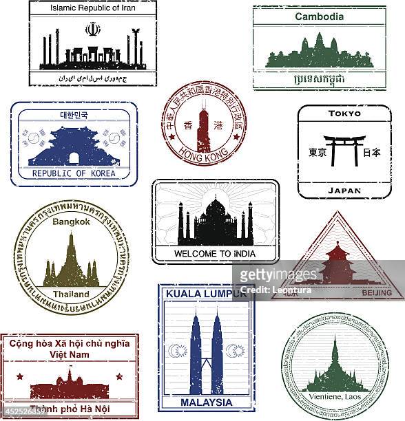 ilustraciones, imágenes clip art, dibujos animados e iconos de stock de asian pasaporte sellos - petronas twin towers