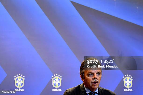 Technical director Gilmar Rinaldi attends a press conference to announce Carlos Dunga as the new coach of the Brazilian national football team at the...