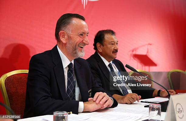 Mike Hooper the CGF CEO and HRH Prince Imran the CGF President face the media during a press conference at the Glasgow Hilton Hotel on July 22, 2014...