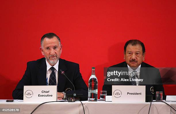 Mike Hooper the CGF CEO and HRH Prince Imran the CGF President face the media during a press conference at the Glasgow Hilton Hotel on July 22, 2014...