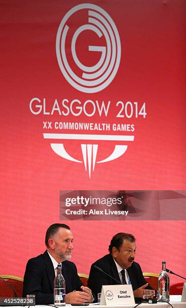 Mike Hooper the CGF CEO and HRH Prince Imran the CGF President face the media during a press conference at the Glasgow Hilton Hotel on July 22, 2014...