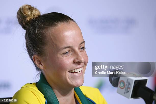 Australian hockey player Emily Smith speaks to the media during a press conference at the Athletes Village ahead of 20th Glasgow Commonwealth Games...