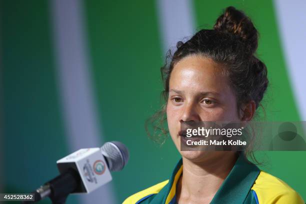 Australian hockey player Brooke Peris speaks to the media during a press conference at the Athletes Village ahead of 20th Glasgow Commonwealth Games...
