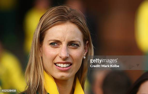 Australian netball captain Laura Geitz looks on before official team reception at the Kelvin Grove Art Gallery and Museum on July 21, 2014 in...