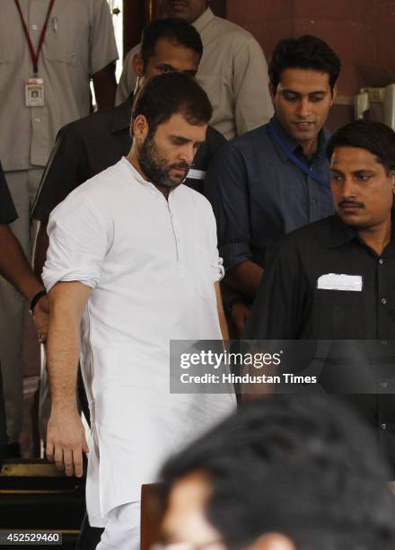 Congress vice president Rahul Gandhi at Parliament house during the budget session on July 22, 2014 in New Delhi, India. Parliament was disrupted...