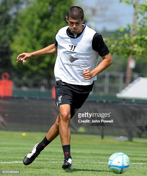 Conor Coady of Liverpool in action during a training session at Harvard University on July 22, 2014 in Cambridge, Massachusetts.