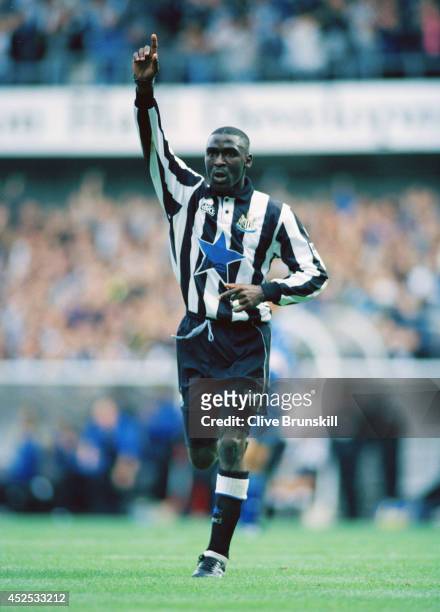 Newcastle forward Andy Cole celebrates after scoring in the FA Premiership match between Newcastle United and Southampton at St James' Park on...