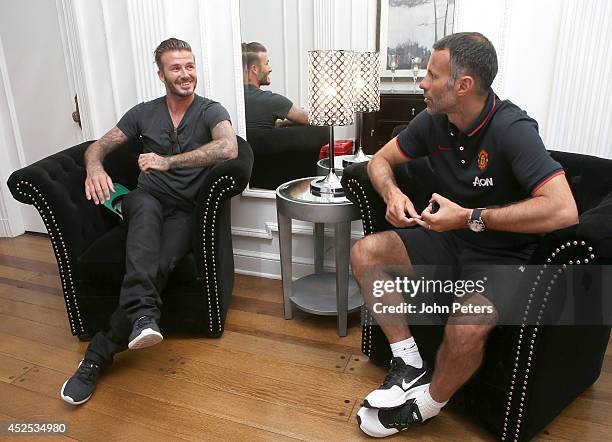 Assistant Manager Ryan Giggs of Manchester United meets David Beckham at the team hotel as part of their pre-season tour of the United States on July...