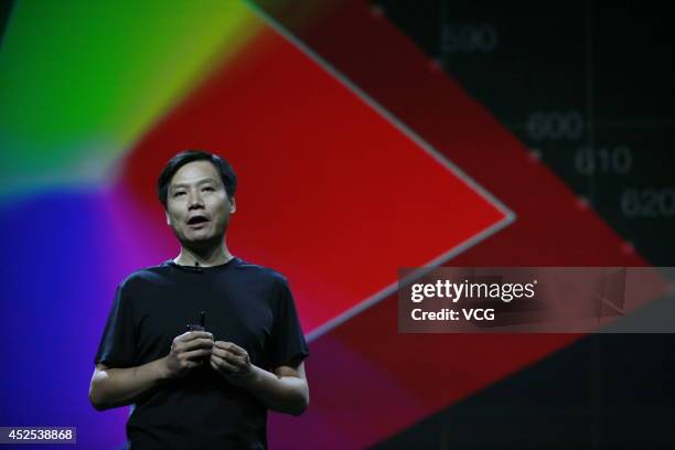 Xiaomi CEO Lei Jun attends the launch of the new Xiaomi smartphone at National Convention Center on July 22, 2014 in Beijing, China. China's...