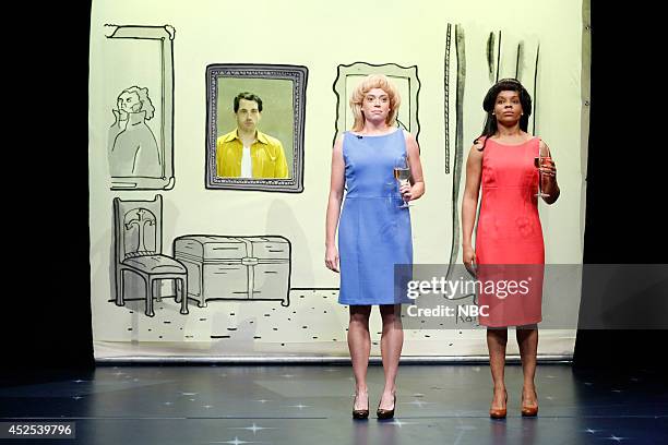 Episode 74 -- Pictured: Show writers Connor O'Malley, Michelle Wolf, Amber Ruffin during "New Yorker Cartoons skit" on July 22, 2014 --