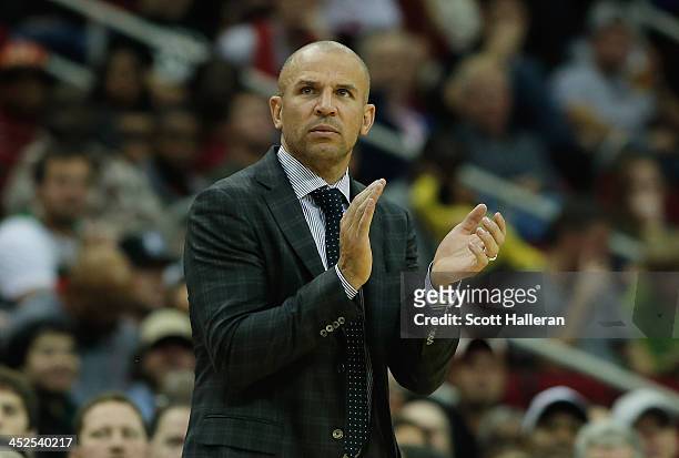 Jason Kidd of the Brooklyn Nets watches a play against the Houston Rockets during the game at Toyota Center on November 29, 2013 in Houston, Texas....