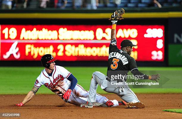 Jordan Schafer of the Atlanta Braves is tagged out on a ninth inning steal attempt by Adeiny Hechavarria of the Miami Marlins at Turner Field on July...