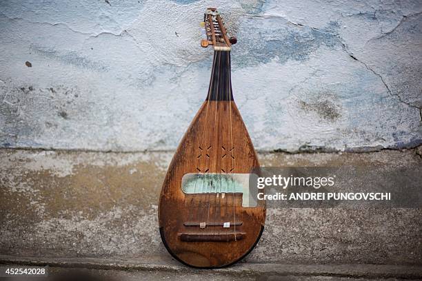 The cobza instrument of Vasile Nica is pictured at his place in Barboi village, 260 kilometers west from Bucharest, on June 27, 2014. AFP PHOTO /...