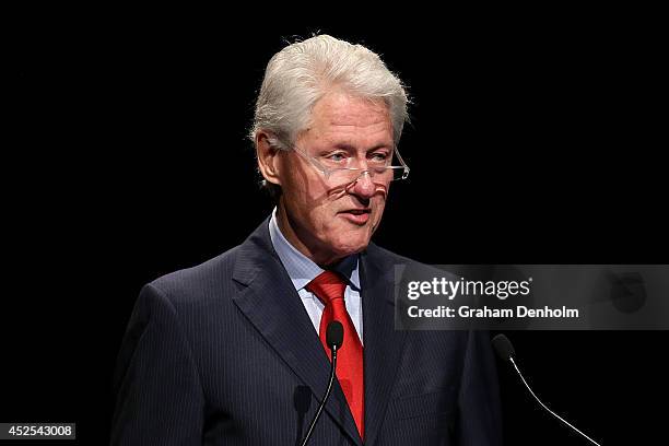 Former U.S. President Bill Clinton addresses the 20th International AIDS Conference at The Melbourne Convention and Exhibition Centre on July 23,...