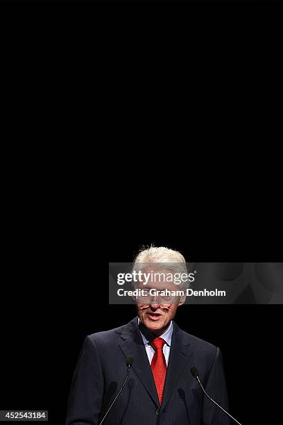 Former U.S. President Bill Clinton addresses the 20th International AIDS Conference at The Melbourne Convention and Exhibition Centre on July 23,...