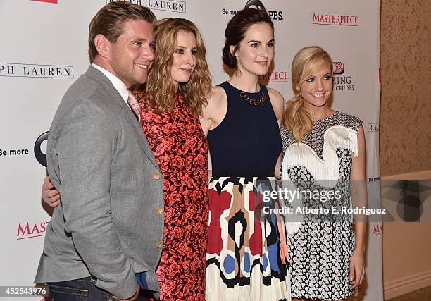 Actors Allen Leech, Laura Carmichael, Michelle Dockery and Joanne Froggatt attend the 2014 Summer TCA Tour "Downton Abbey" Season 5 photocall at The...