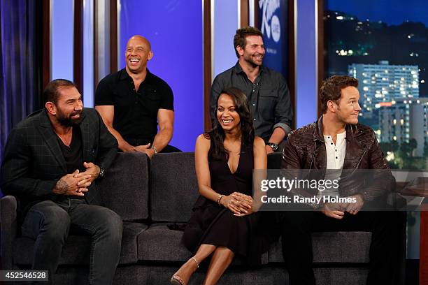 Jimmy Kimmel welcomes Chris Pratt, Zoe Saldana, Dave Bautista, Vin Diesel and Bradley Cooper to a special "Guardians of the Galaxy" episode of "Jimmy...