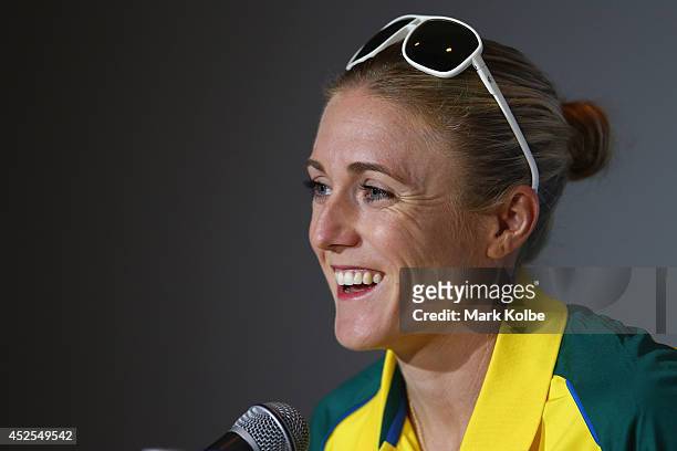 Sally Pearson speaks to the media during an Australian press conference at the SECC on July 23, 2014 in Glasgow, Scotland.