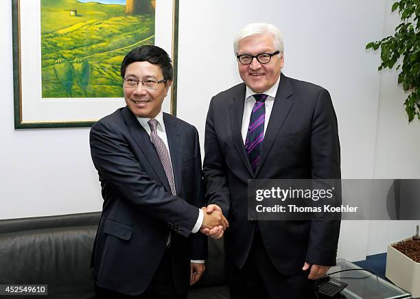 German Foreign Minister Frank-Walter Steinmeier meets with the Foreign Minister of Vietnam, Pham Binh Minh, on July 23, 2014 in Brussels, Belgium....