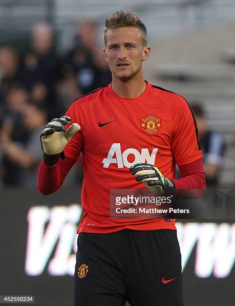 Anders Lindegaard of Manchester United in action during an open training session as part of their pre-season tour to the United States at Rose Bowl...
