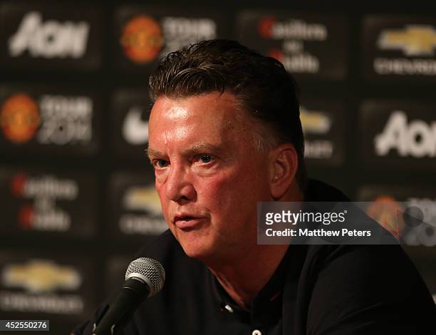Manager Louis van Gaal of Manchester United speaks during a press conference before an open training session as part of their pre-season tour to the...