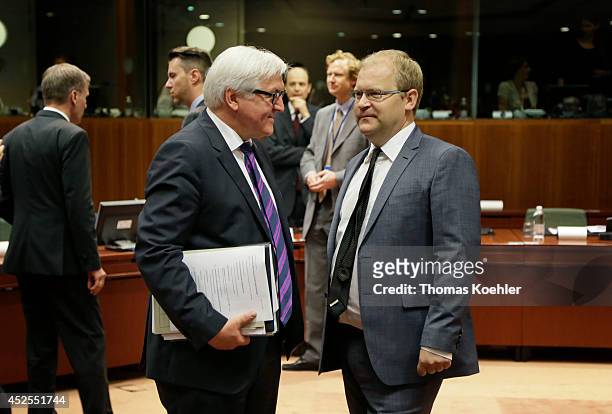 German Foreign Minister Frank-Walter Steinmeier meets with Urmas Paet, Foreign Minister of Estonia, on July 23, 2014 during a meeting of EU-ASEAN...