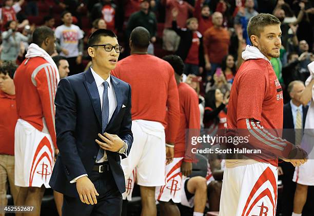 Jeremy Lin of the Houston Rockets waits near the bench after being injured earlier in the week during the game at Toyota Center on November 29, 2013...