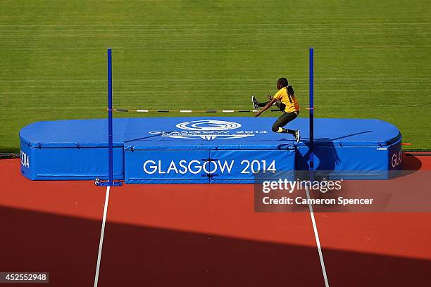 An athlete trains at Hampden Park, venue for the track and field athletics ahead of the Commonwealth Games on July 23, 2014 in Glasgow, Scotland.