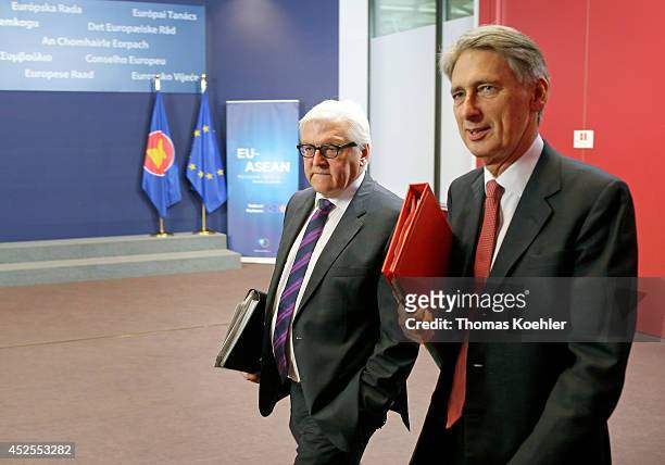 German Foreign Minister Frank-Walter Steinmeier meets with British Foreign Affairs Minister Philip Hammond on July 23, 2014 during a meeting of...