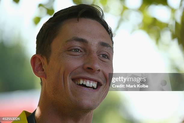 Samuel Myers of the Australia rugby sevens team speaks to the press during an Australian media call at the SECC on July 23, 2014 in Glasgow, Scotland.