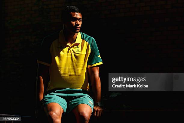 Pama Fou of the Australia rugby sevens team poses during an Australian media call at the SECC on July 23, 2014 in Glasgow, Scotland.