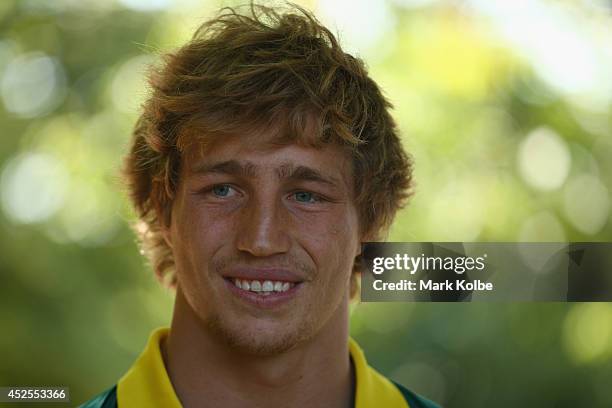 Jesse Parahi of the Australia rugby sevens team speaks to the press during an Australian media call at the SECC on July 23, 2014 in Glasgow, Scotland.