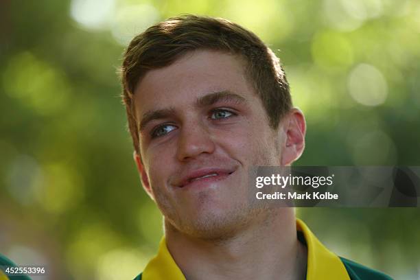 Tom Lucas of the Australia rugby sevens team speaks to the press during an Australian media call at the SECC on July 23, 2014 in Glasgow, Scotland.