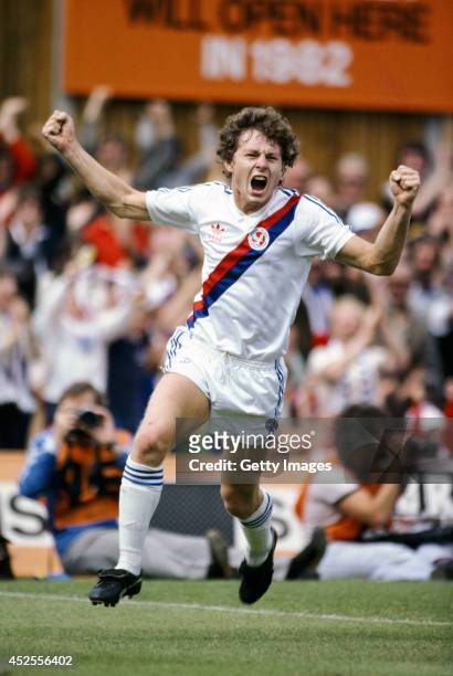 Crystal Palace striker Clive Allen celebrates a goal during a First Division match circa 1980.