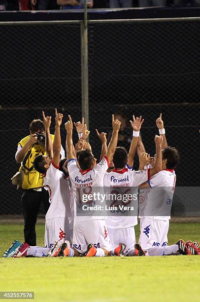 Players of Nacional during a first leg semifinal match between Nacional and Defensor Sporting as part of Copa Bridgestone Libertadores 2014 at...