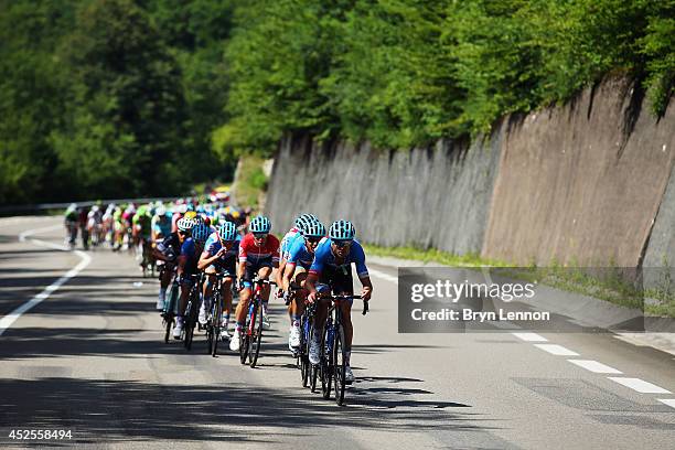 Jack Bauer of New Zealand and Garmin Sharp leads the bunch during the eleventh stage of the 2014 Tour de France, a 188km stage between Besancon and...