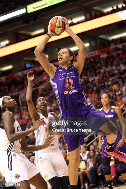 Brittney Griner of the Western Conference All-Stars shoots during the 2014 Boost Mobile WNBA All-Star Game on July 19, 2014 at US Airways Center in...