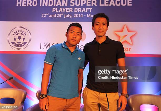 Bengaluru FC players Jeje Lalpekhlua and Gouramangi Singh during the player draft of Hero Indian Super league on July 23, 2014 in Mumbai, India....
