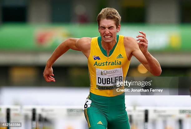 Cedric Dubler of Australia crosses the finish line in the 110m hurdle portion of the men's decathlon during day two of the IAAF World Junior...