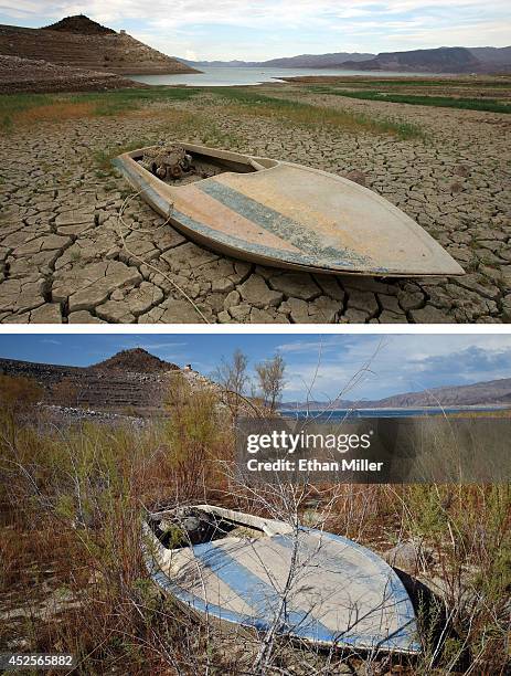 In this before-and-after composite image, A mud-covered boat is seen in an area that was until recently underwater July 26, 2007 in the Lake Mead...