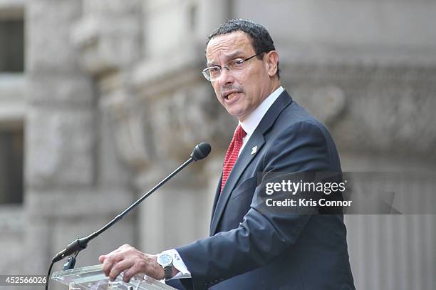 Vincent Gray speaks during the Trump International Hotel Washington, D.C Groundbreaking Ceremony at Old Post Office on July 23, 2014 in Washington,...