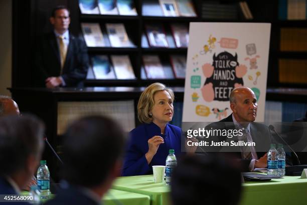Former Secretary of State Hillary Clinton speaks during a during a round table event to launch the "Talking is Teaching: Talk Read Sing" campaign at...
