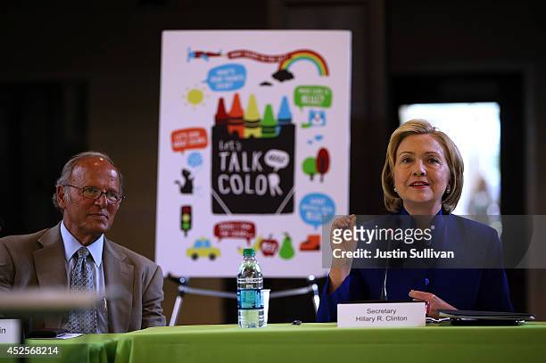 Former Secretary of State Hillary Clinton speaks during a during a round table event to launch the "Talking is Teaching: Talk Read Sing" campaign as...