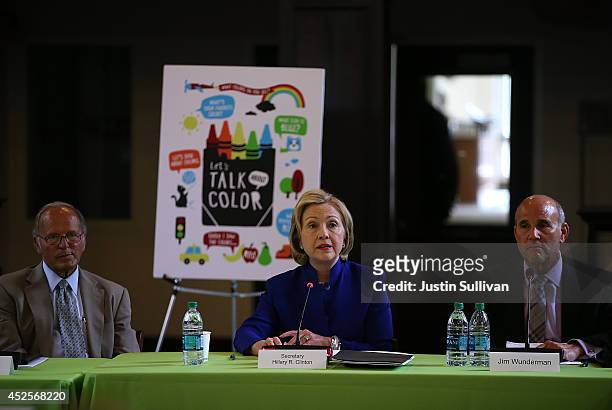 Former Secretary of State Hillary Clinton speaks during a during a round table event to launch the "Talking is Teaching: Talk Read Sing" campaign as...
